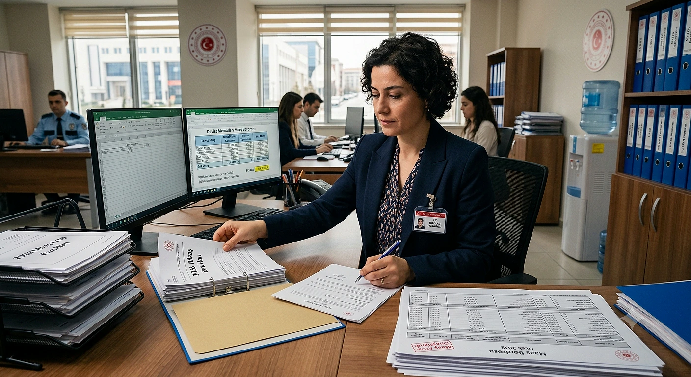 Memur maaşlarıyla ilgili belgeleri inceleyen bir kadın, ofis ortamında çalışıyor.