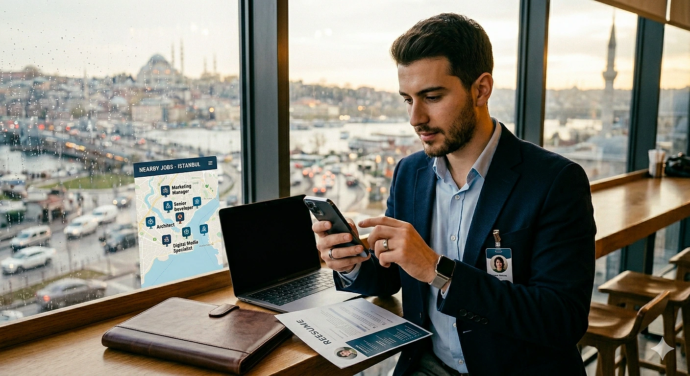 İstanbul'da bir ofiste oturan genç profesyonel, telefonuna bakarak iş arıyor.
